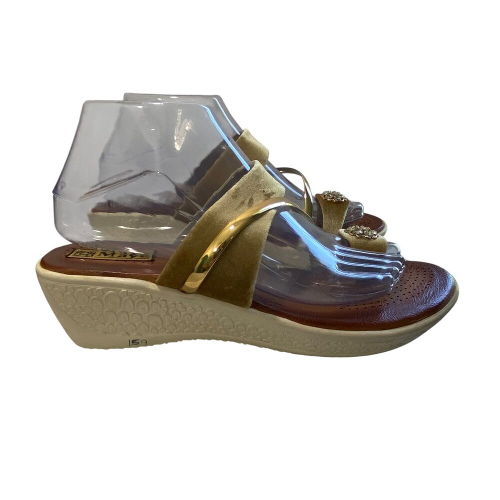 Maya Velvet Strappy Wedge Sandals Women 9 Flower Rhinstone Gold Party Resortware